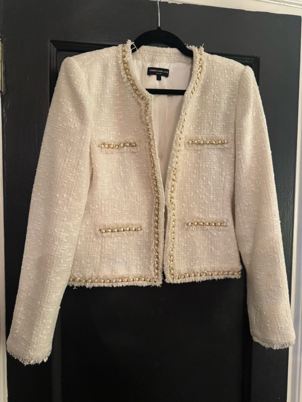 Love Generation white Tweed Open-Front Blazer with Gold Chain Trim